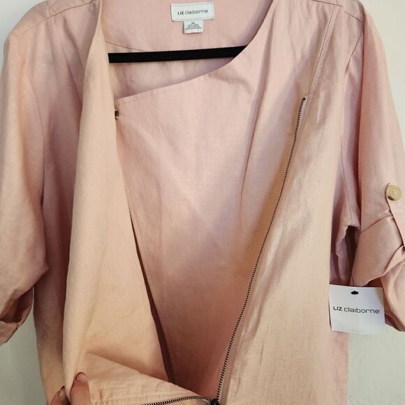 Liz Claiborne Linen Cotton Blend Roll Tab Sleeve Front Zip Top Size XL - Picture 6 of 11